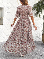 Women's Floral Midi Dress V-Neck Ruffle Short Sleeve Summer Fashion