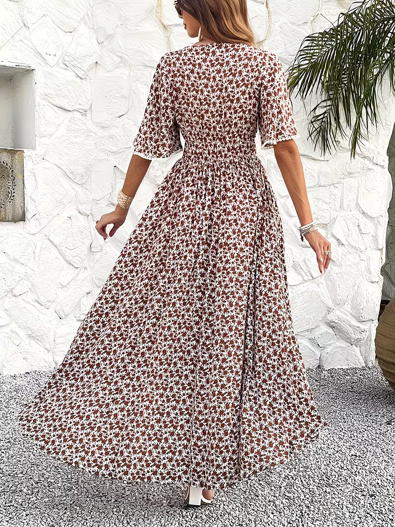 Women's Floral Midi Dress V-Neck Ruffle Short Sleeve Summer Fashion