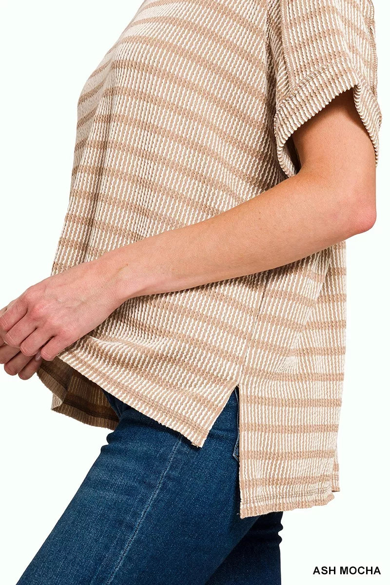 Zenana T-shirt Ash Mocha Raised Rib Striped Exposed Seam Top 0dd6e1ee273449ea81ef444acf440f05-Max-Origin Trendsi