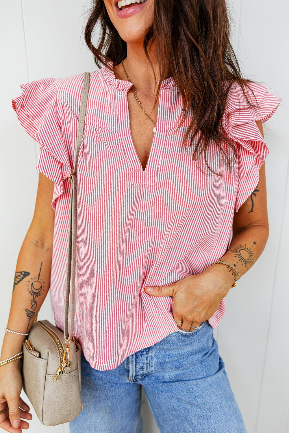 Striped Frilly Split Neck Double Ruffle Short Sleeve Blouse