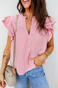 Striped Frilly Split Neck Double Ruffle Short Sleeve Blouse