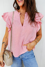 Striped Frilly Split Neck Double Ruffle Short Sleeve Blouse
