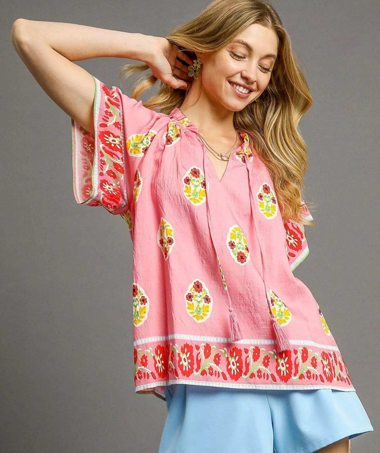 Umgee Blouse Pink Boho Bloom Border Print Short Sleeve Top PINK 0dd92857-01e4-4181-b8ef-4db2da2656d4-Max-Origin Trendsi