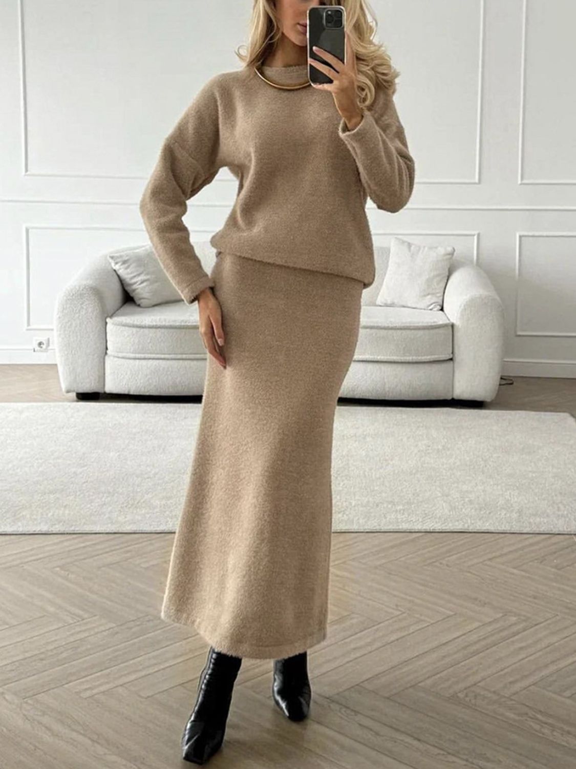 Women Sweater Set and Midi Skirt Knit 2 Pcs Soft Acrylic Long Sleeve Outfit Set 0dd945f0-b45f-4260-a052-d97b3675a058-Max Trendsi