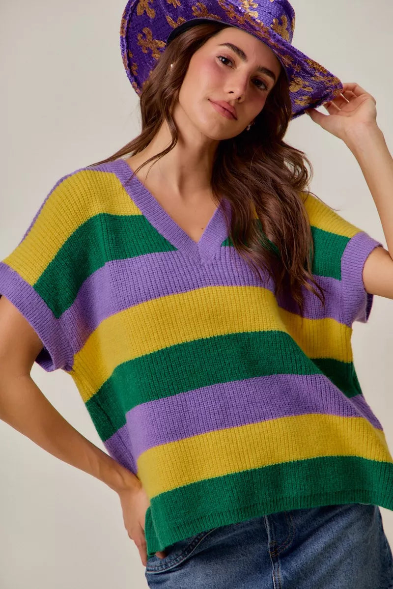 SO ME Women Sweater Purple Mix Mardi Gras Loose Fit V Neck Stripe Top 0ddc4ed6ef87466aa4ed9b79d4ff31ac-Max-Origin Trendsi