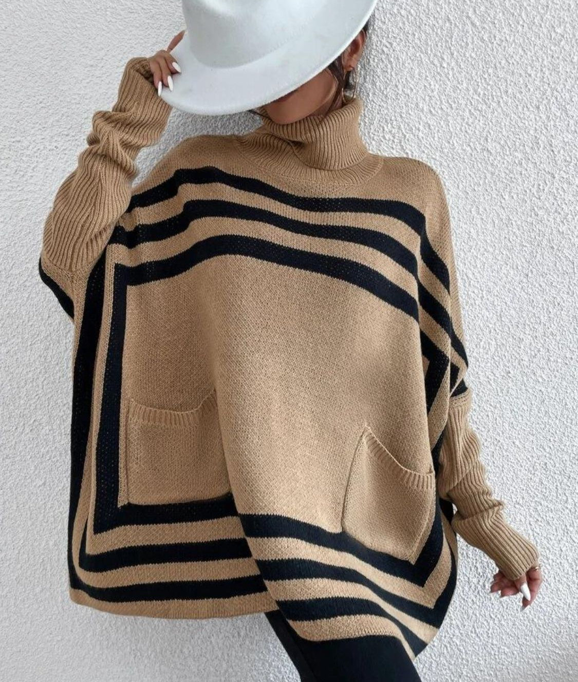 Women Sweater Striped Turtleneck Batwing Long Sleeve with Pockets Oversize Tan 0dded649-4d9a-45b7-8838-c5f8e02ca5ee-Max Trendsi