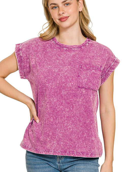 Zenana Full Size Crinkle Washed Round Neck Folded Short Sleeve Tee Plus Size