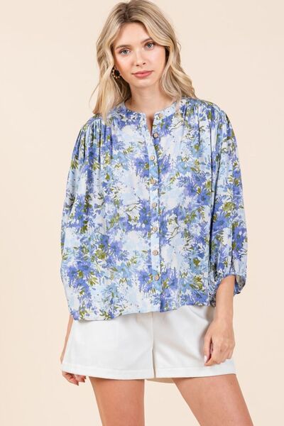 Mittoshop Blouse Blue Floral Print Linen Blend Batwing 3/4 Sleeve Top 0de02e21-b660-40da-b782-1dd4cc25a71f-Min Trendsi