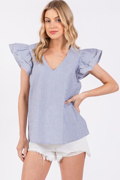 Ces Femme Striped Blouse V-Neck Ruffled Cap Short Sleeve Blue Top 0de065b8-a3b4-4f61-aaf7-56eb6338f91b-Min Trendsi