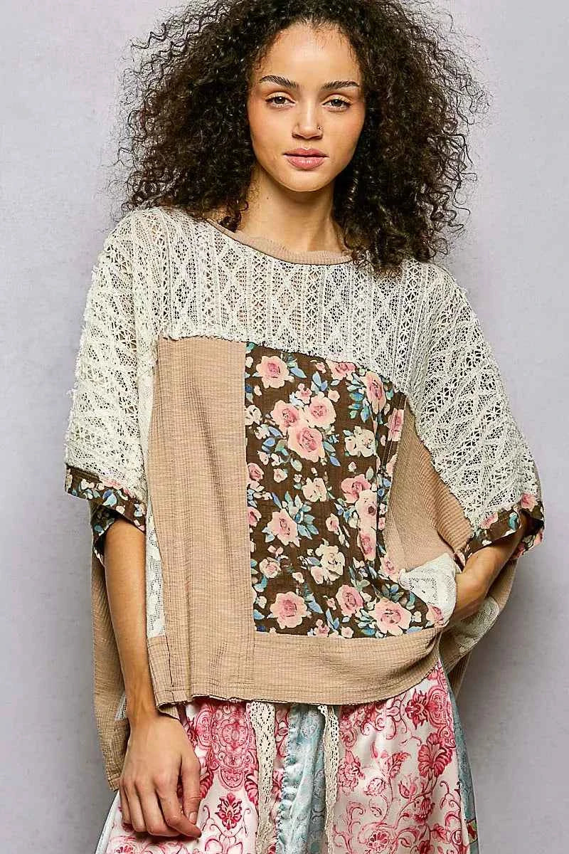 POL Floral Blouse Taupe Patchwork Lace Accent Top 0de409a5-5f32-4a0d-8fa4-fb7ff308afb0-Max-Origin Trendsi