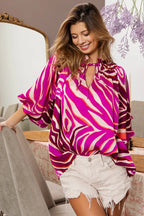 BiBi Satin Top Zebra Hot Pink Tied Neck Half Balloon Sleeve Oversized 0de86648bd2441009e73239d6d48e02d-Max-Origin Trendsi