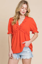 Lime 'N' Chili Babydoll Top Orange Ruffled Deep V-Neck Puff Short Sleeve 0de9aa163ffe47cd9c059b2c97f15c89-Max-Origin Trendsi