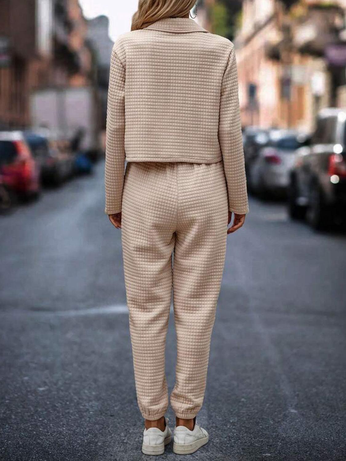 Outfit Set Plaid Texture Snap Down Top and Pants Set 0dea3b7c-d801-49de-ba01-6a7fbbb73d47-Max Trendsi