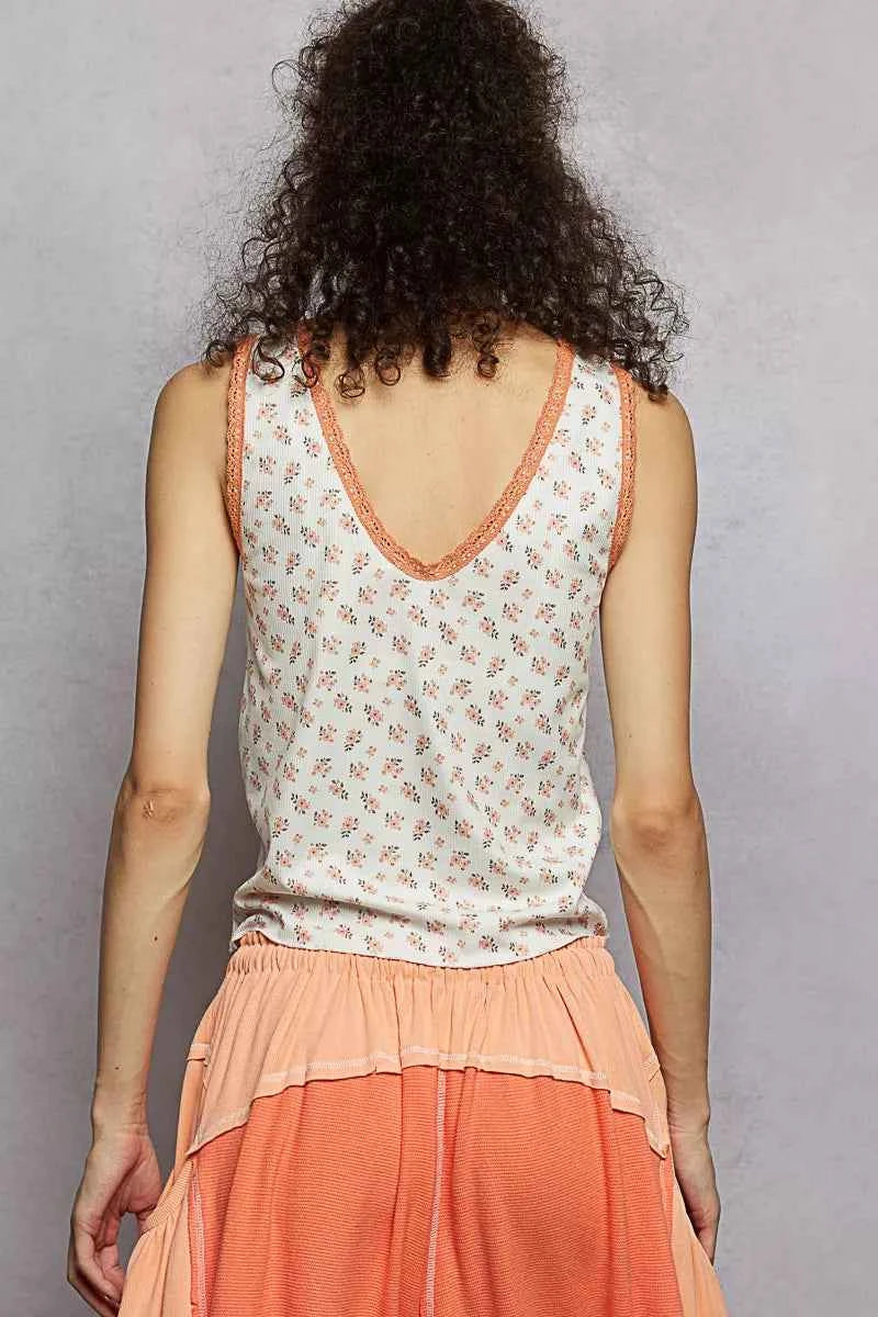 POL Tank Top Floral Ivory Ruched V-Neck with Lace Detail Blouse 0df46706-64a8-4498-8e02-4cf4946de69c-Max-Origin Trendsi