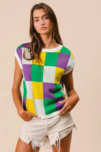 BiBi Womens Sweater Knit Top Mardi Gras Checker Pattern Sleeveless 0df8cef8e1aa4ea28cc933ccbef0bfa7-Max-Origin Trendsi