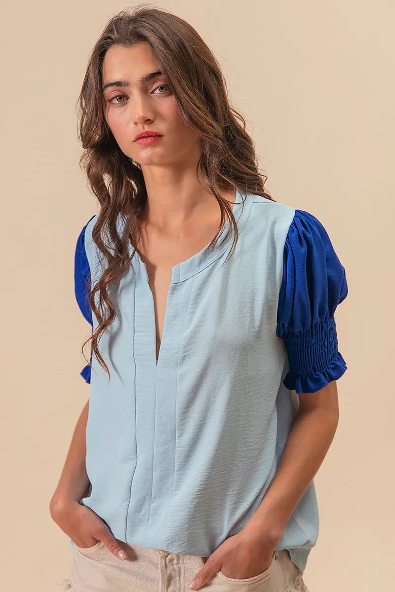 BiBi V Neck Top Air Flow Ruffled Blue Color Block Puff Short Sleeves 0e00206ad050444097d262523aabb78d-Max-Origin Trendsi