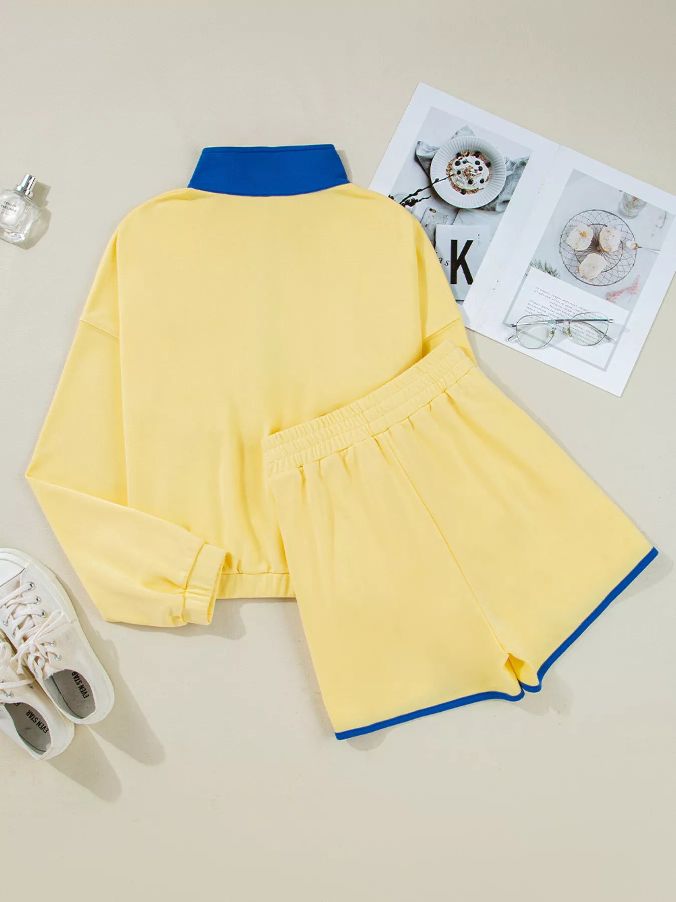 Women's Casual Set Color Yellow Block Patchwork Half Button Top and Shorts 2pcs 0e0bf8a3571c41f0ab141e3d44ffe337-Max-Origin Trendsi