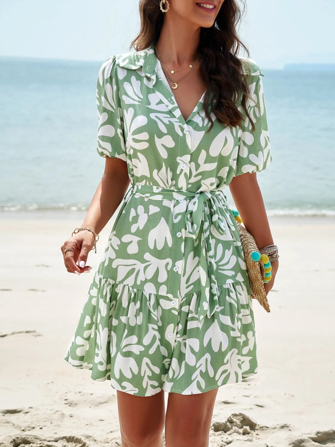 Printed Collared Neck Short Sleeve Dress