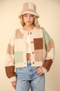 Sweater Cardigan VERY J Color Block Button Down Textured Oatmeal 0e21d689-fbc6-4071-93ae-d84c5c06c616-Max Trendsi