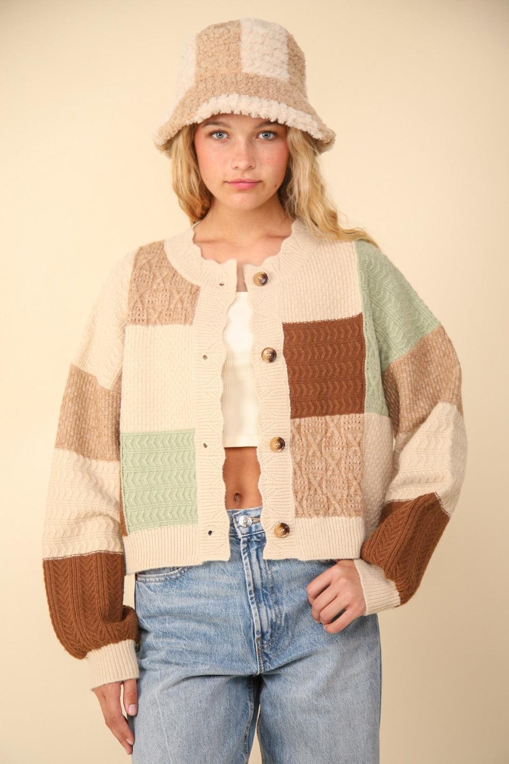 Sweater Cardigan VERY J Color Block Button Down Textured Oatmeal