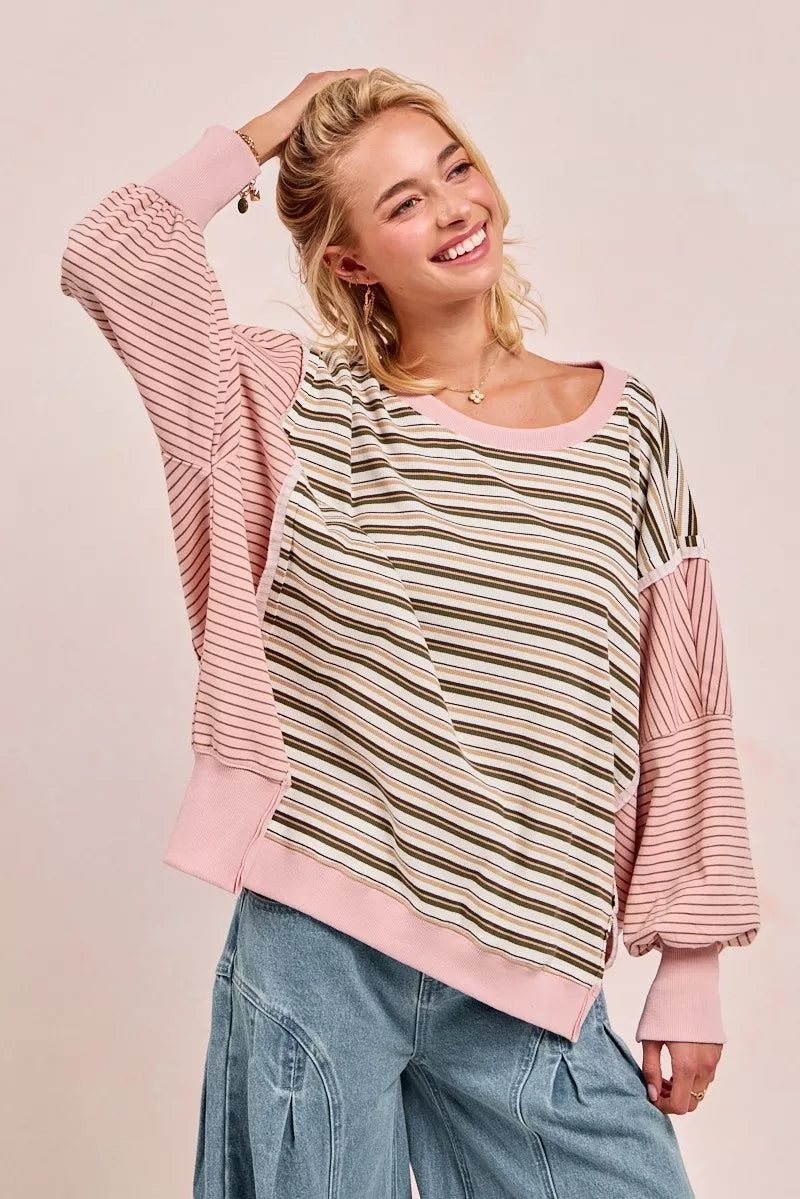 BiBi Womens Sweatshirt Stripe Mixed Top With Cut Edge And Reverse Outseam 0e22637d6cdc40dcaddd5b5fcaf316cc-Max-Origin Trendsi
