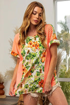 BiBi Floral T-shirt Orange W Stripe Color Block Dolman Sleeves Top 0e22fb46545b487192e96869dc6805be-Max-Origin Trendsi