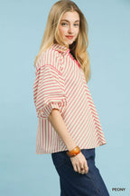 Umgee Womens Blouse Chevron Stripe Collared Relaxed Top Short Sleeve 0e235332-06d7-4e42-9989-b356541c367b-Max-Origin Trendsi