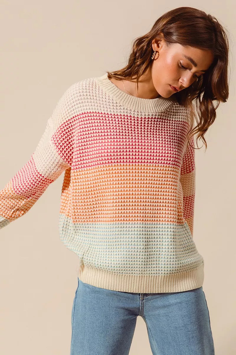 SO ME Womens Sweater Multi Color Block Stripe Long Sleeve Pullover 0e281316f5674313af8e49f5494b1c52-Max-Origin Trendsi