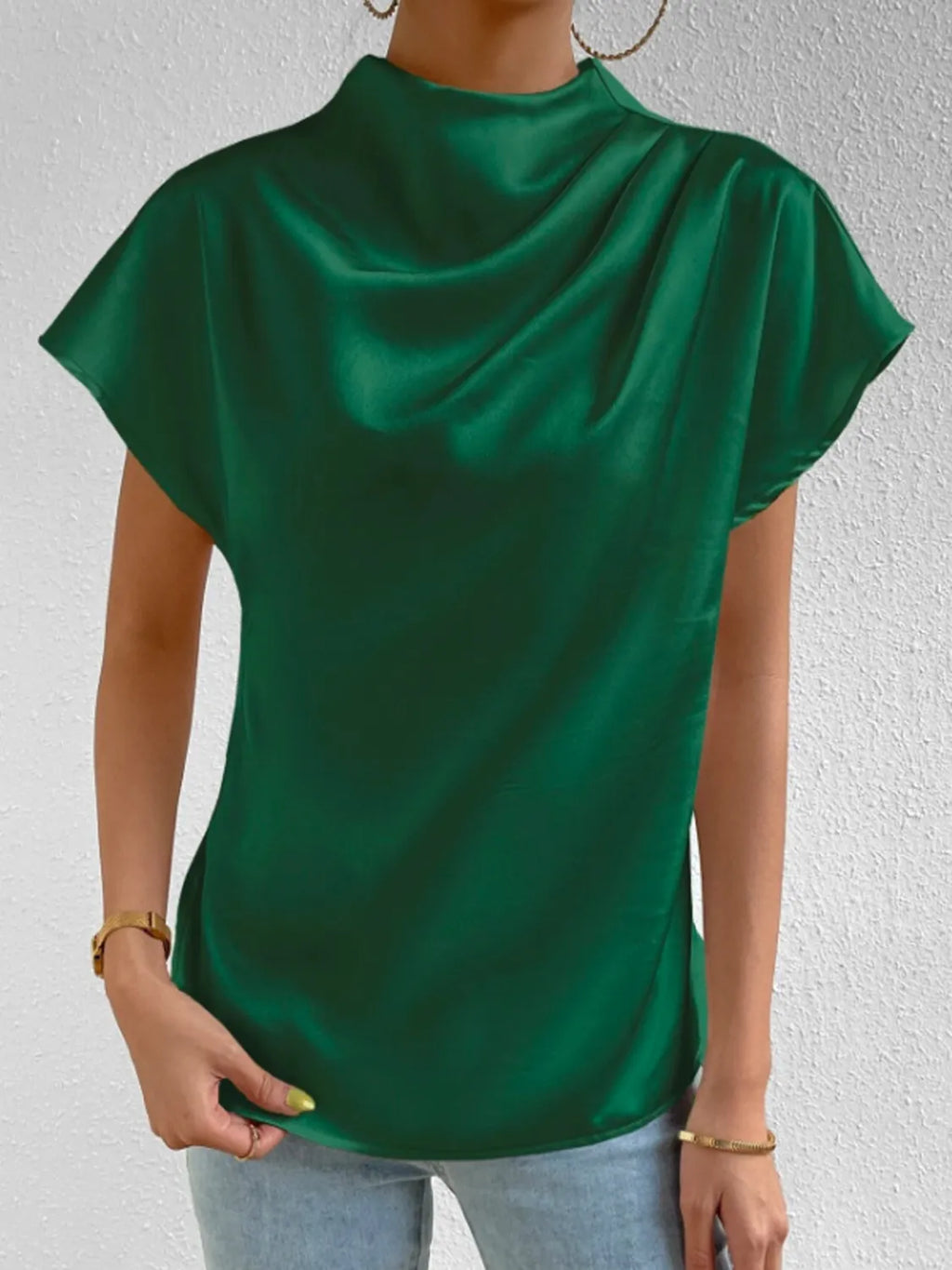 Satin Blouse Mock Neck Pleated Short Sleeve Basic Style Top 0e29d906-588c-4df7-bc78-cebb3f36f796-Max-Origin Trendsi