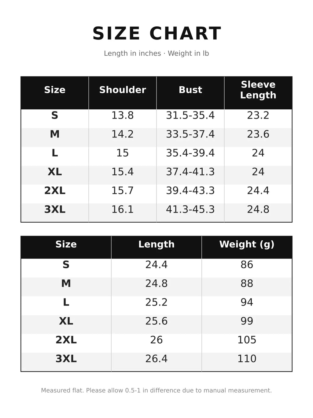 Digital size chart graphic displaying measurements in inches for sizes S through 3XL