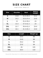 Digital size chart graphic displaying measurements in inches for sizes S through 3XL