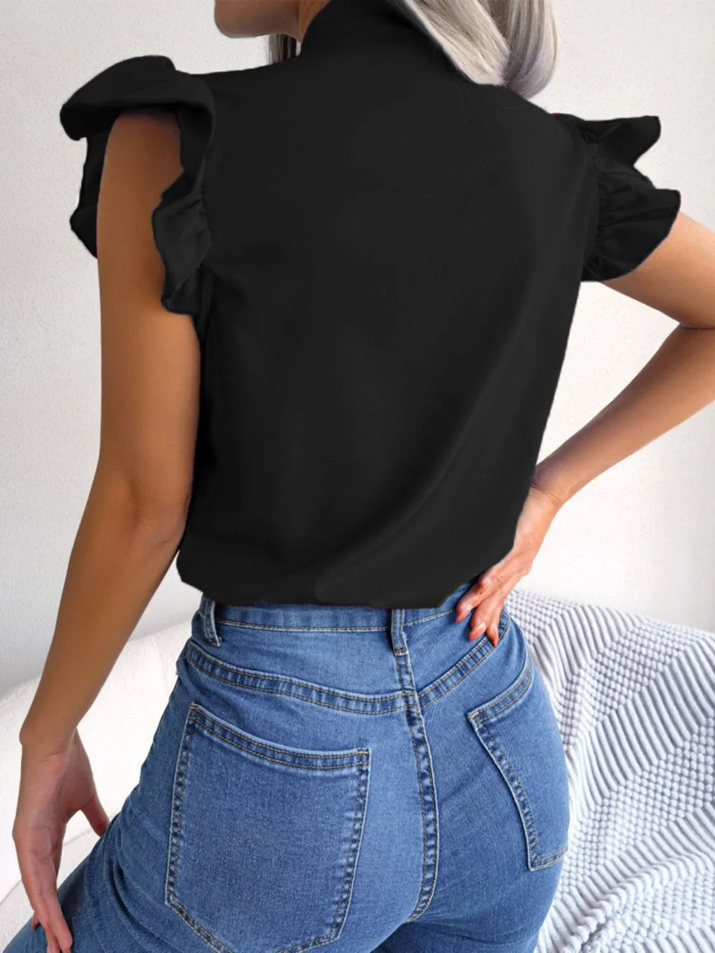 Women's Blouse Bow Tie Neck Ruffle Cap Short Sleeve Top 0e2b0761-a683-49d1-a1a3-2d0713c634aa-Max-Origin Trendsi