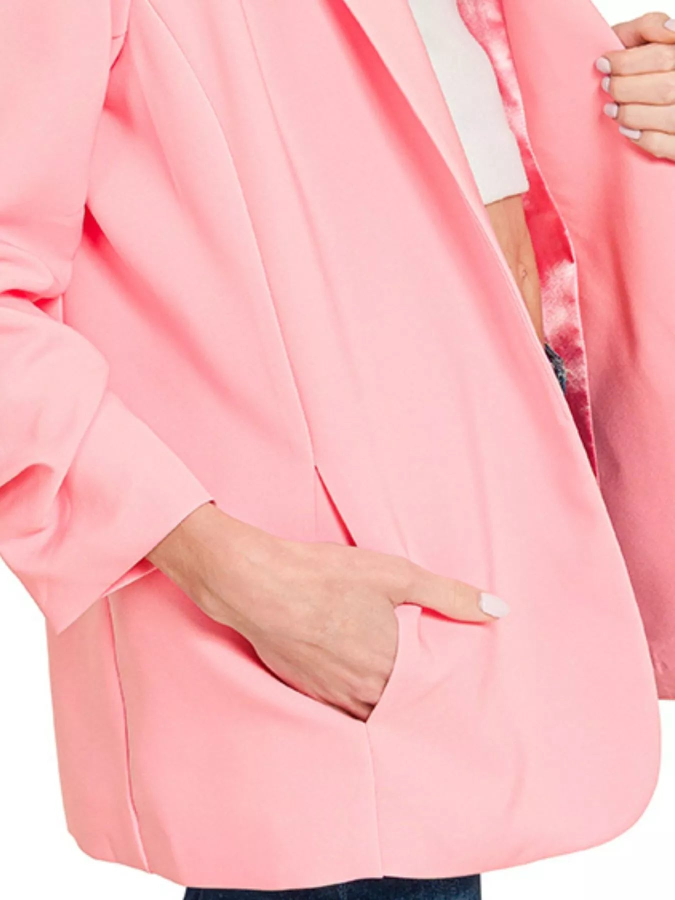 Zenana Womens Classic Blazer Pink Woven 3/4 Ruched Sleeve Open Front 0e2c4d8f-6c85-469a-a1c9-81cf21eca283-Max-Origin Trendsi