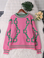 Women's Sweater Contrast Round Neck Long Sleeve Oversized Ribbed 0e2c975a632c46ea8eed9a853215f5de-Max-Origin Trendsi