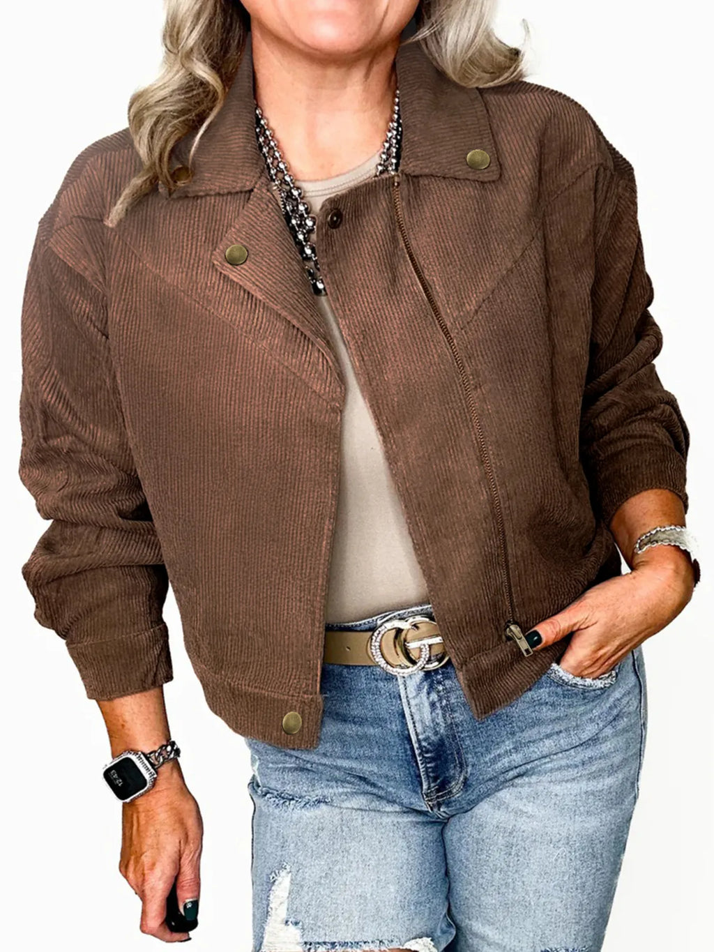 Corduroy Women's Bomber Jacket Cropped Brown Zipper Long Sleeve Outwear Brown 0e327406ce774021bcc92de0aa608a05-Max-Origin Trendsi