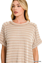 Zenana T-shirt Ash Mocha Raised Rib Striped Exposed Seam Top 0e500c2f97094322828cb770bcee11d7-Max-Origin Trendsi
