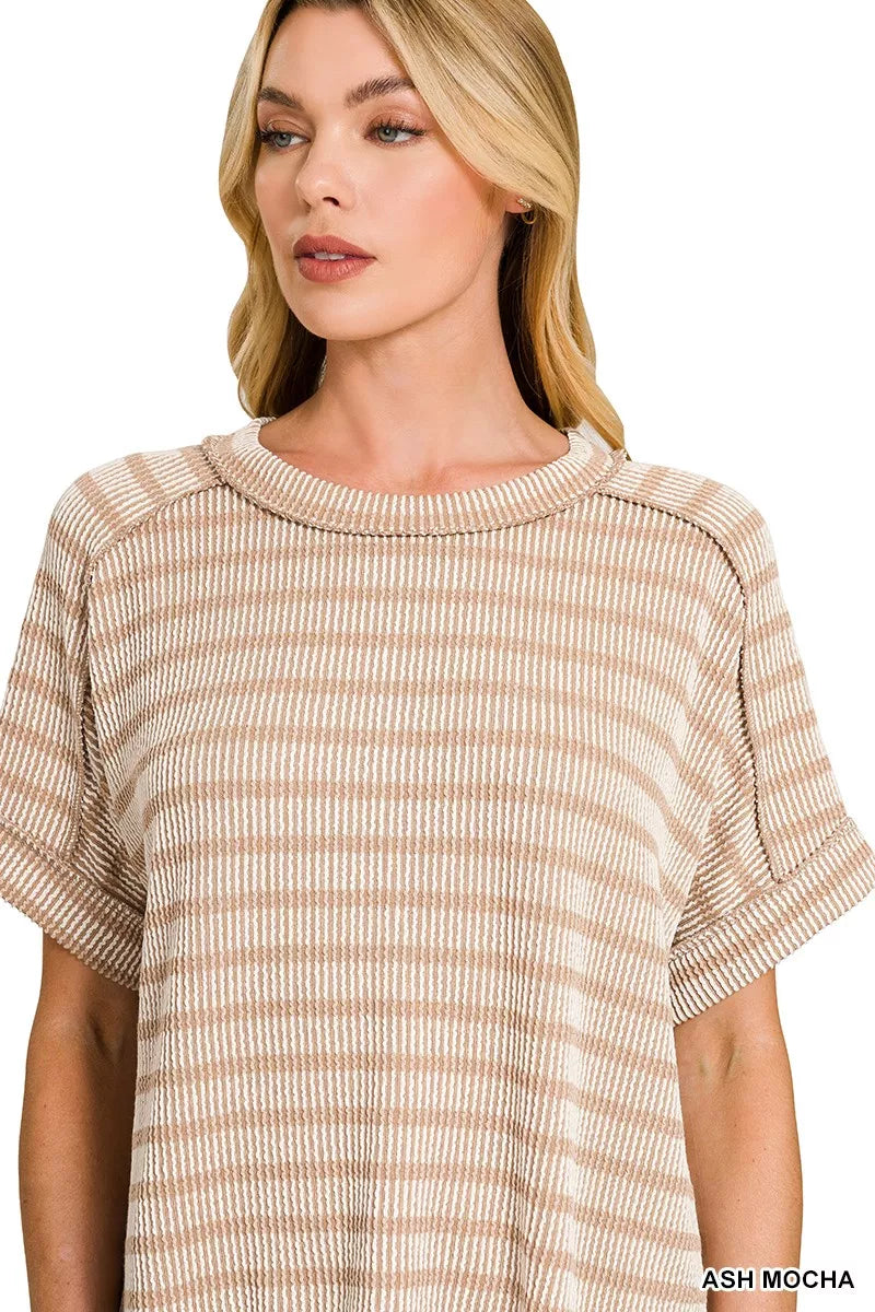Zenana T-shirt Ash Mocha Raised Rib Striped Exposed Seam Top 0e500c2f97094322828cb770bcee11d7-Max-Origin Trendsi