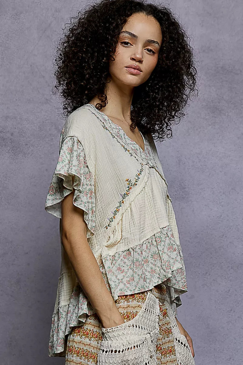 POL Blouse Floral V-Neck Short Sleeve Ruffled Double Gauze with Embroidery Top 0e5c091c-f6e6-4c15-b858-578b1a72f85d-Max-Origin Trendsi