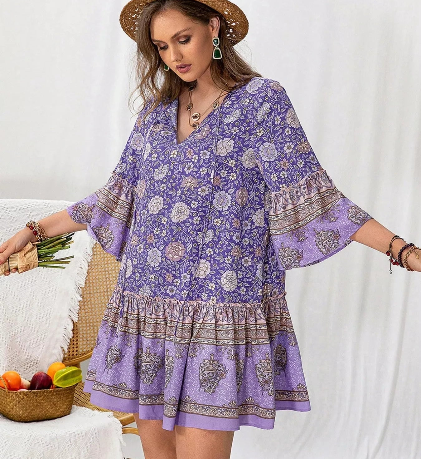 Plus Size Floral Print Ruffle Hem Mini Dress