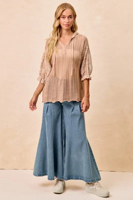 BiBi Hooded Knit Top Taupe Jacquard Flower Puff 3/4 Sleeve Button Tied 0e884a08-15b3-4f8a-8df0-b5b1c6a1ac19-Max-Origin Trendsi