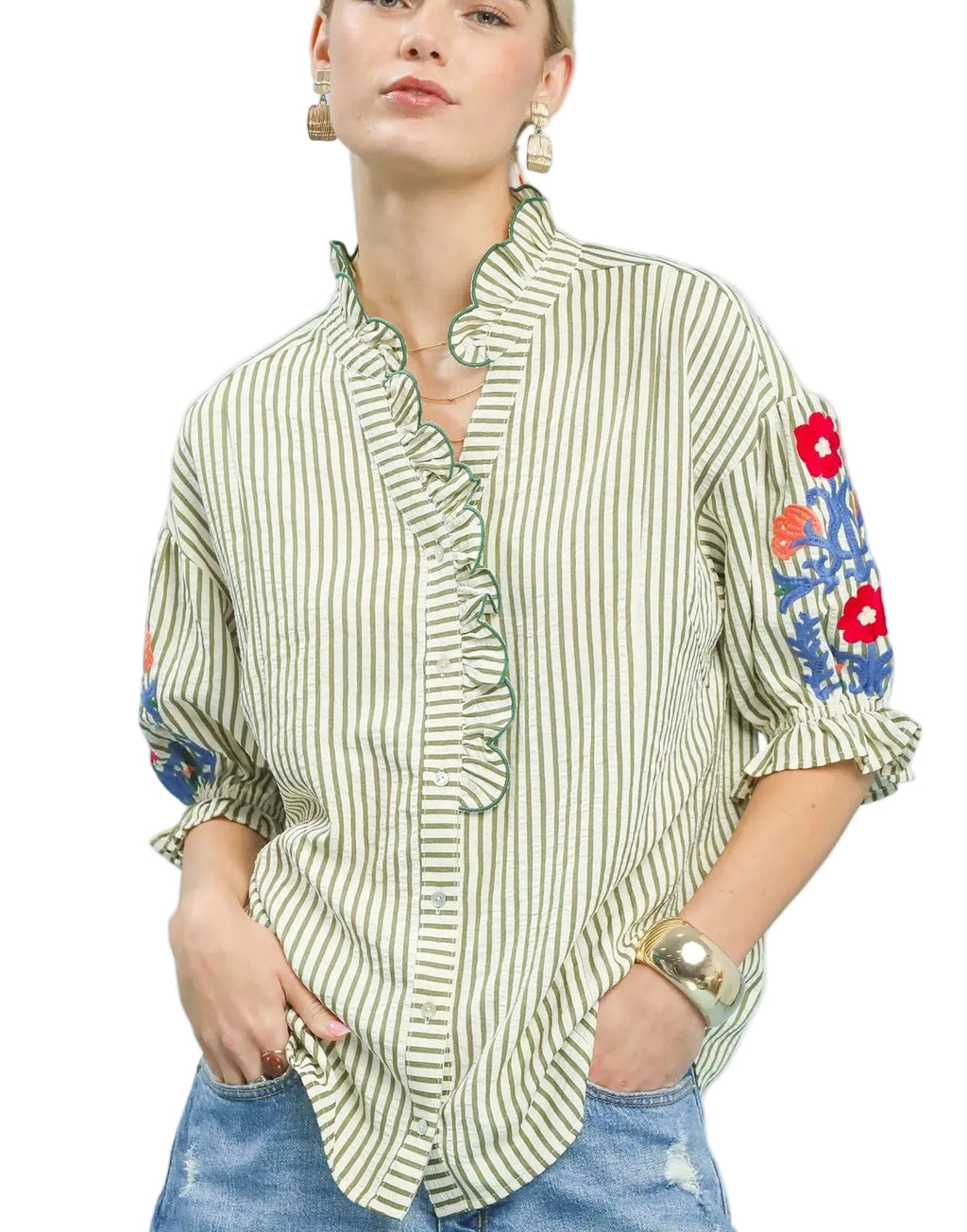 Umgee Embroidered Ruffle Trim Stripe Blouse