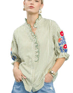Umgee Embroidered Ruffle Trim Stripe Blouse