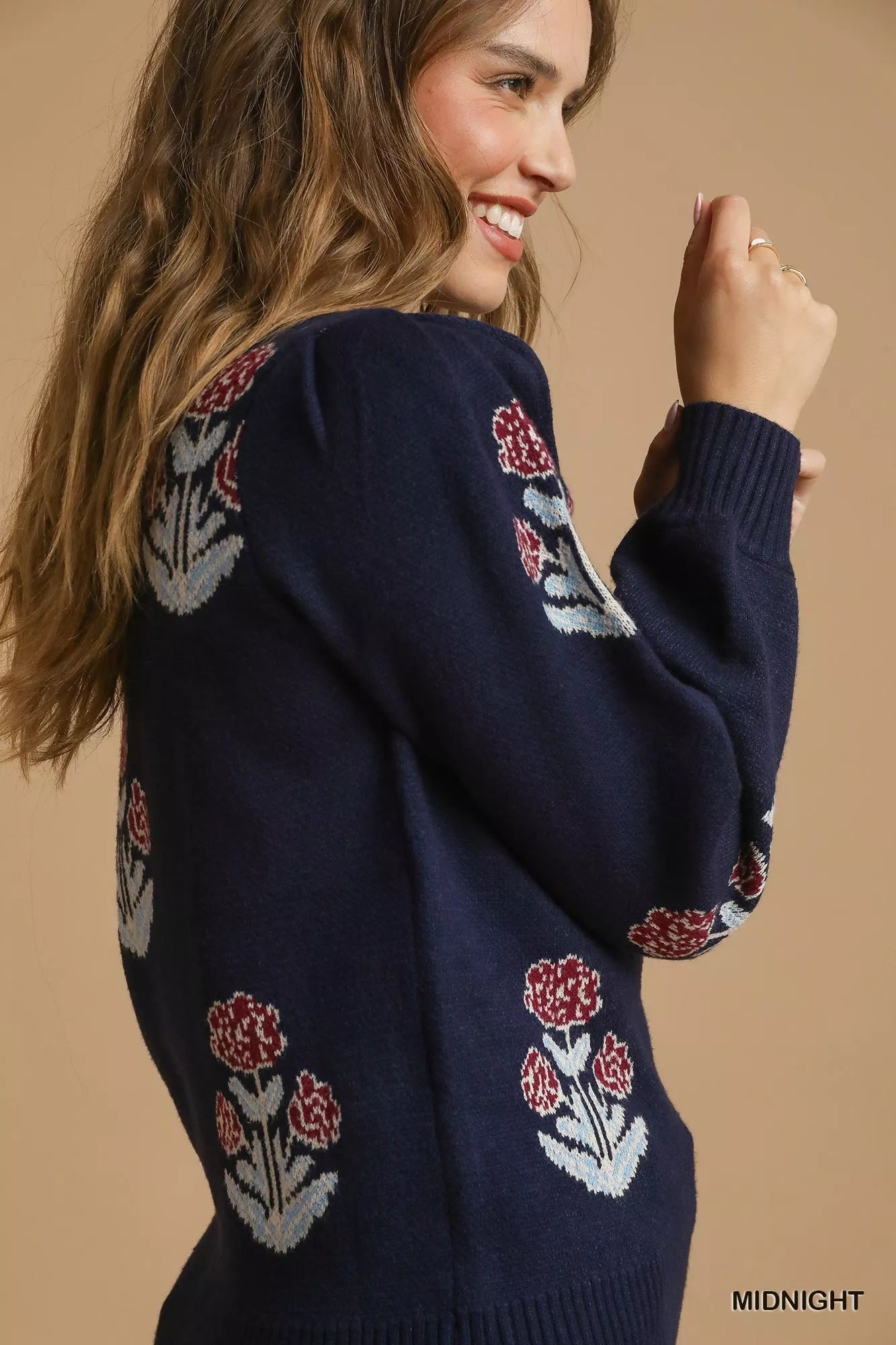 Umgee Womens Floral Knit Sweater Midnight Blue with Puff Sleeves 0ea8fa98-ce7f-4bdd-a94e-2fe08bb929ee-Max-Origin Trendsi