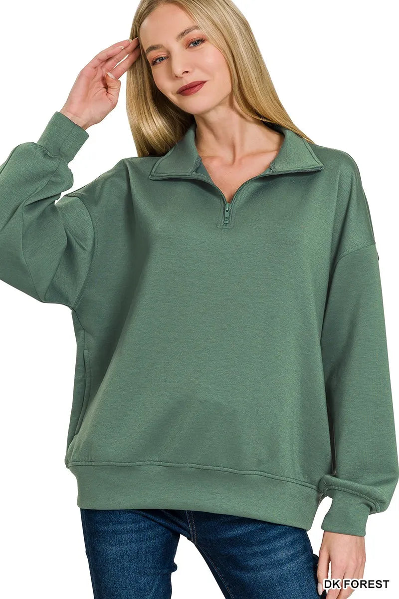 Zenana Women's Sweatshirt Scuba Quarter-Zip High Neck with Pockets 0ea99b67419b48519b51cf9ef8023517-Max-Origin Trendsi