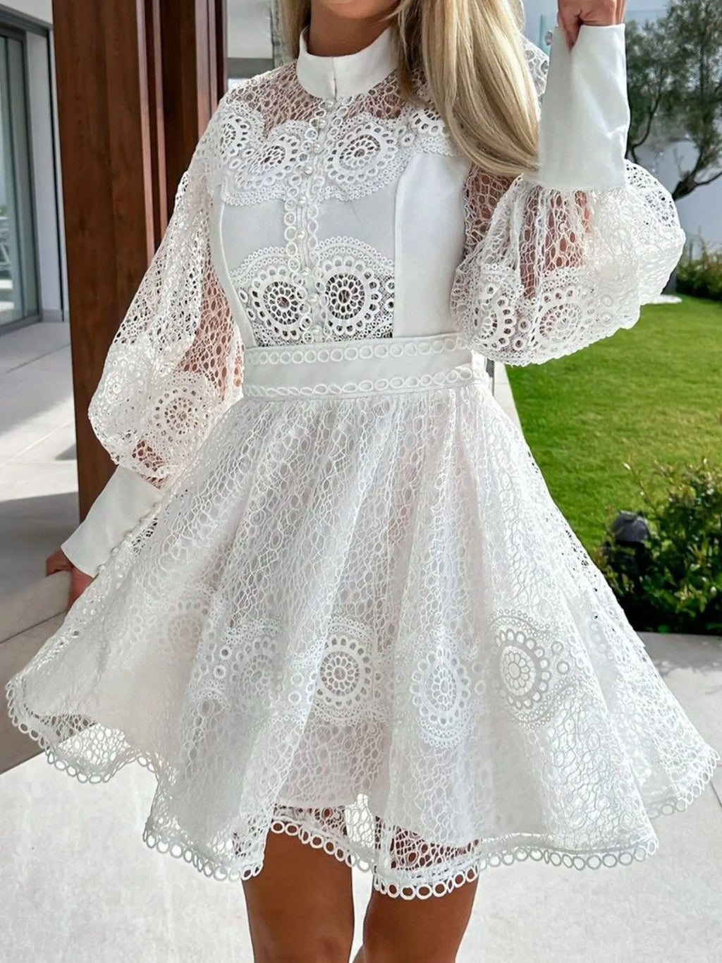 Mini Dress Floral Lace Lantern Long Sleeve Pearl Button High Neck Ruffled 0eb20761-a379-41d7-8b5a-684fab8a9960-Max-Origin Trendsi