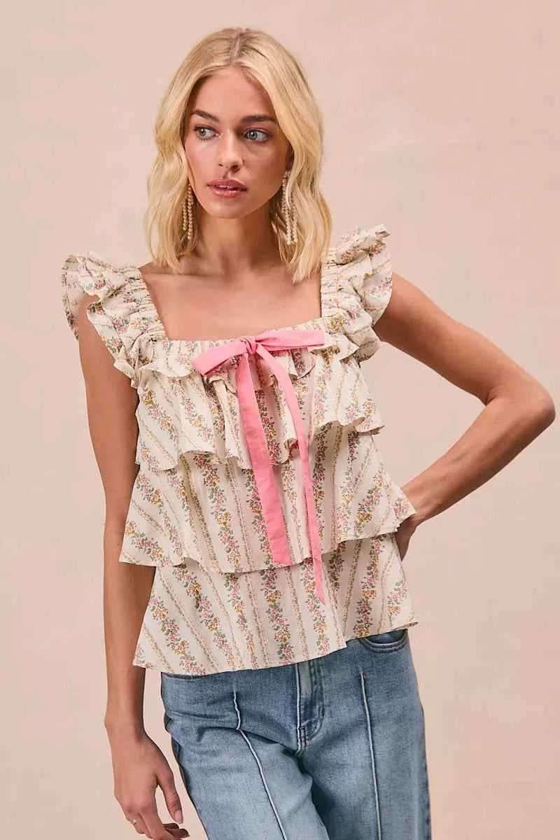 BiBi Floral Printed Woven Front Bow Tied Ruffled Square Neck Sleeveless Top
