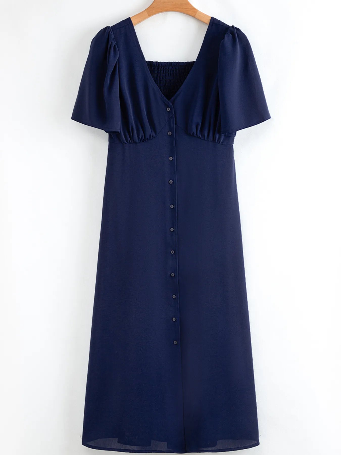 Midi Dress Navy Blue V Neck Buttoned Front Shirred Back Short Sleeve 0ebf2664e03c4c448c0a8f5d88030508-Max-Origin Trendsi
