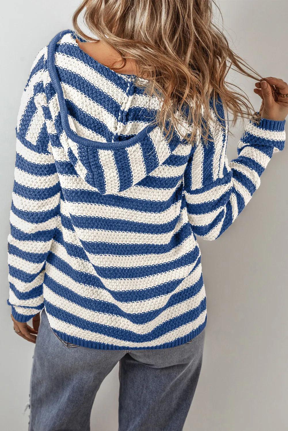 Striped Cotton Blend Knit Sweater Long Sleeve Hooded Knitwear 0ec6a0fe-1329-4bb3-a097-58117f6dfae0-Max Trendsi
