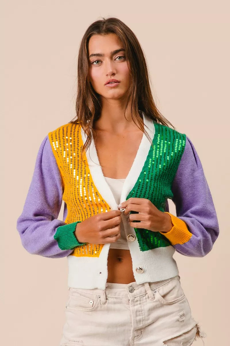 BiBi Sequin Sweater Cardigan Mardi Gras Color Block Buttoned Long Sleeve 0eccb73e5f094c3fb0e84c2e5f084570-Max-Origin Trendsi