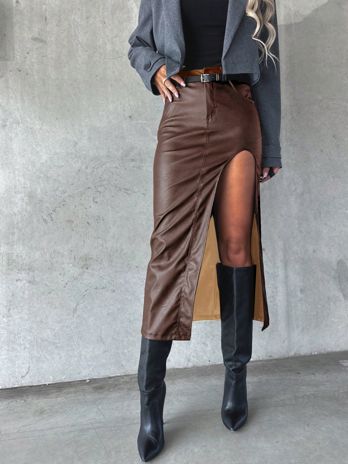 Midi Skirt Women Faux Leather Front Big Slit with Pockets